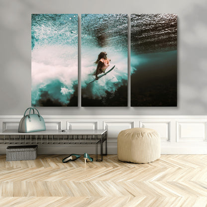85923512-MGV-CV-36X24-Aquatic Motion Wall Art Canvas Print, Framed Underwater Swimming Art Picture Print, Female Surfer Diving Perfect Coastal Boho