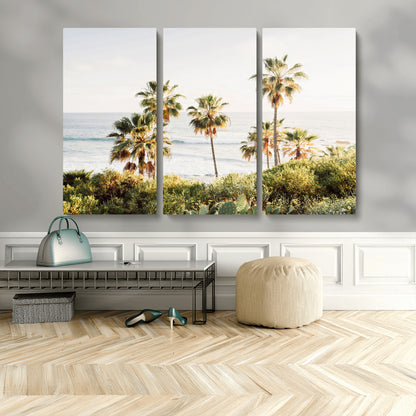 94707294-MGV-CV-48X32-3P-California Coast Wall Art Canvas Print, Framed Palm Trees Art Picture Print, Coastal Landscape Perfect Coastal Minimalist Decor