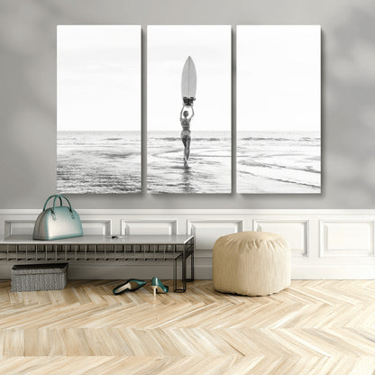 98446901-MGV-CV-36X24-Monochrome Surf Wall Art Canvas Print, Framed Minimalist Surfer Art Picture Print, Surfboard Silhouette Perfect Coastal Minimalist