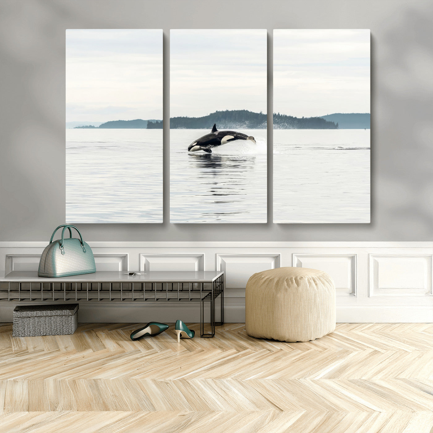 10157174-MGV-CV-36X24-Orca Whale Wall Art Canvas Print, Framed Black White Whale Art Picture Print, Minimalist Ocean Perfect Coastal Minimalist Decor