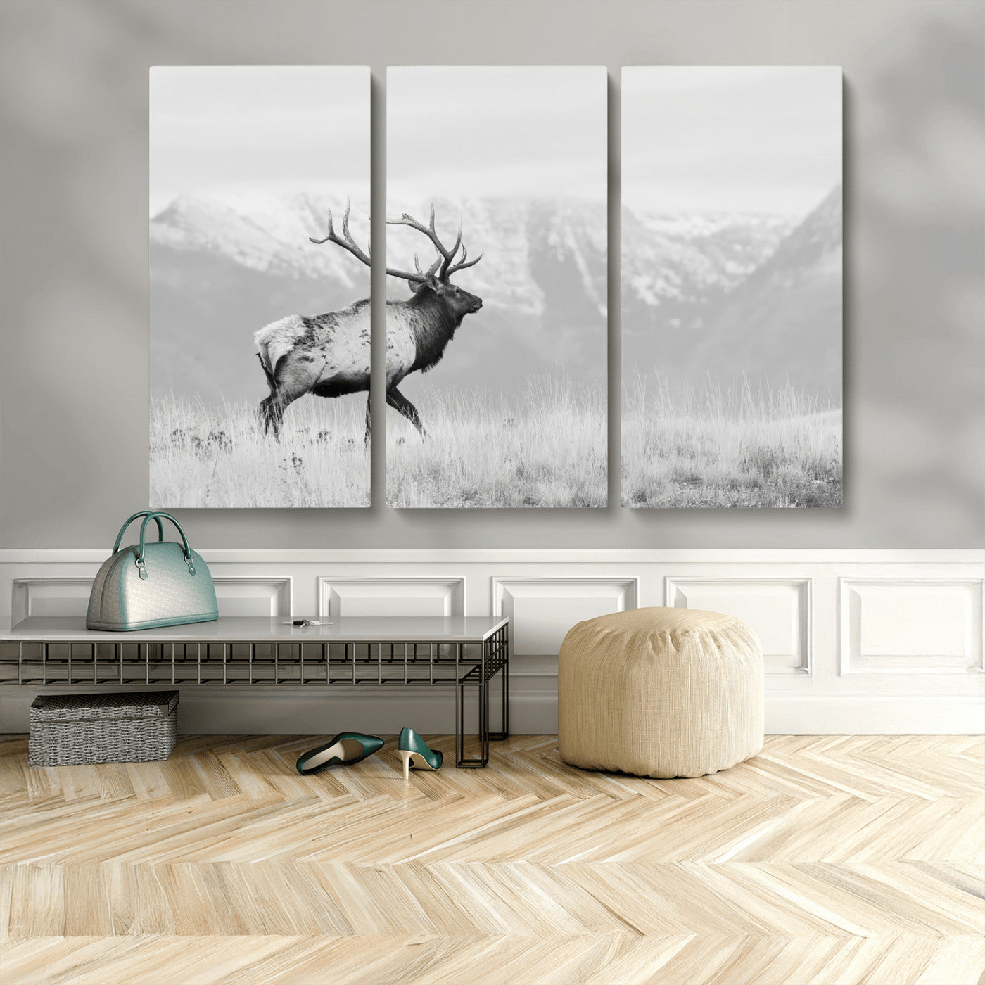 62278753-MGV-CV-48X32-3P-Monochrome Elk Wall Art Canvas Print, Framed Mountain Wildlife Art Picture Print, Rustic Nature Perfect Rustic Minimalist Decor