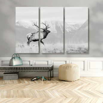 62278753-MGV-CV-48X32-3P-Monochrome Elk Wall Art Canvas Print, Framed Mountain Wildlife Art Picture Print, Rustic Nature Perfect Rustic Minimalist Decor