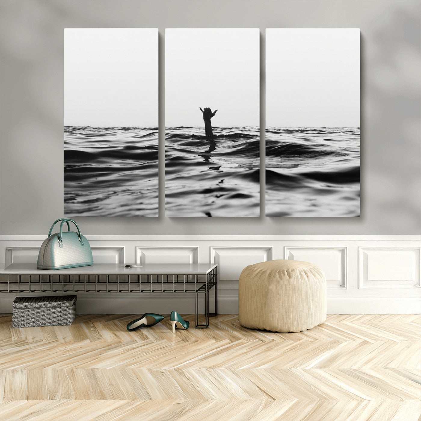 69541918-MGV-CV-36X24-Black White Ocean Wall Art Canvas Print, Framed Moody Seascape Art Picture Print, Surfer Sign Perfect Moody Minimalist Decor