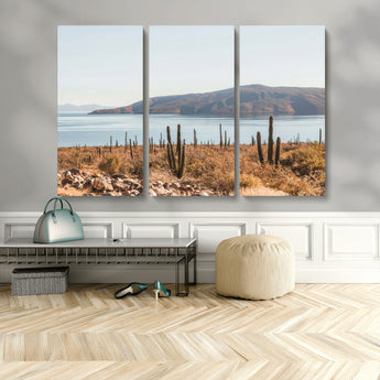 45193515-MGV-CV-48X32-3P-Desert Cactus Wall Art Canvas Print, Framed Baja Coastline Art Picture Print, Coastal Desert Perfect Southwestern Minimalist Decor