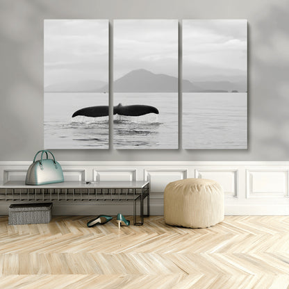 30524220-MGV-CV-48X32-3P-Whale Tail Wall Art Canvas Print, Framed Black White Ocean Art Picture Print, Calm Marine Perfect Minimalist Coastal Decor Artwork