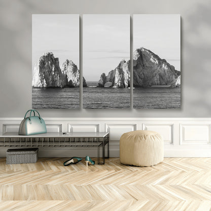 18810731-MGV-CV-48X32-3P-Rugged Coastline Wall Art Canvas Print, Framed Ocean Cliffs Art Picture Print, Monochrome Seascape Perfect Coastal Minimalist