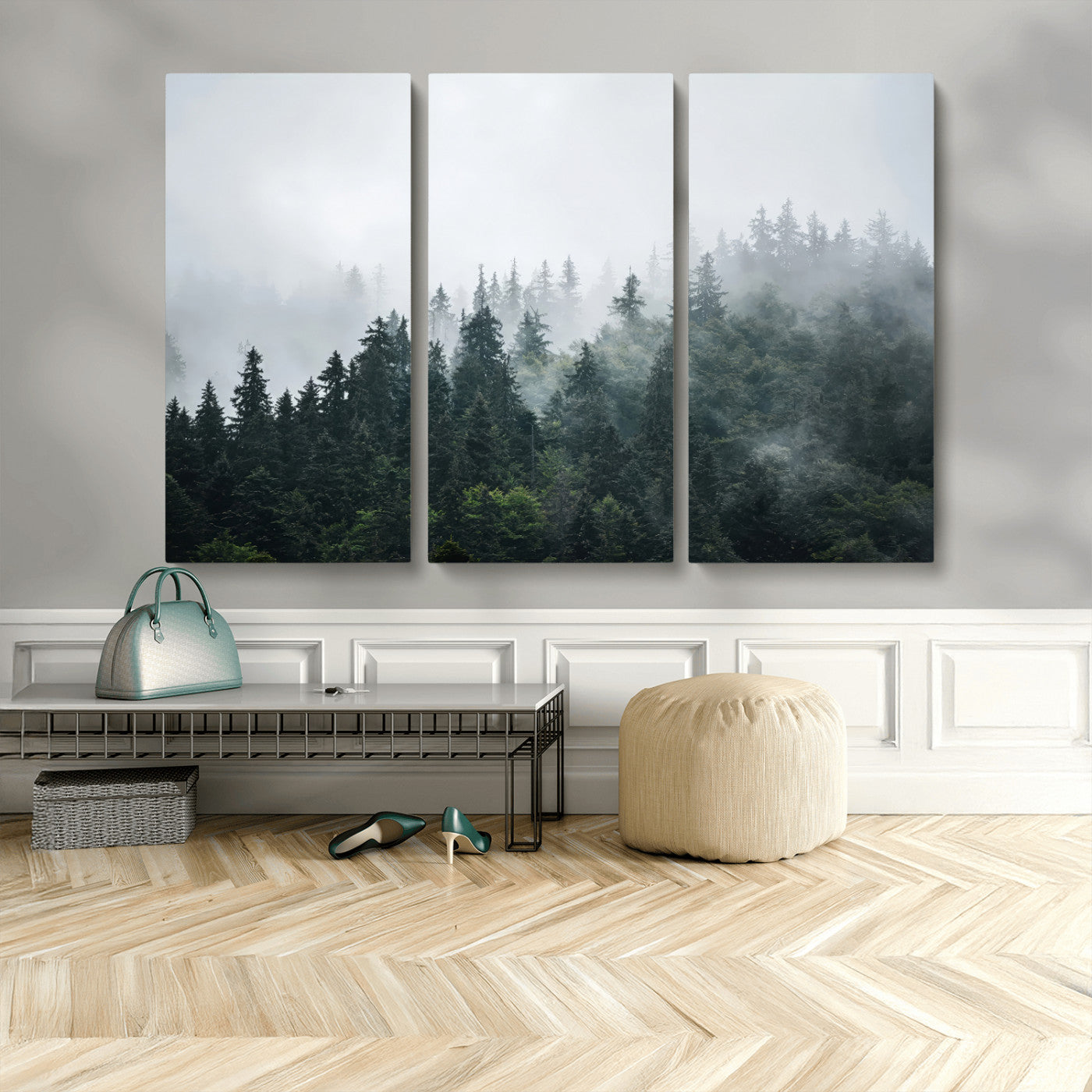 84146572-MGV-CV-36X24-Foggy Pine Trees Wall Art Canvas Print, Framed Forest Nature Art Picture Print, Evergreen Forest Perfect Scandinavian Minimalist