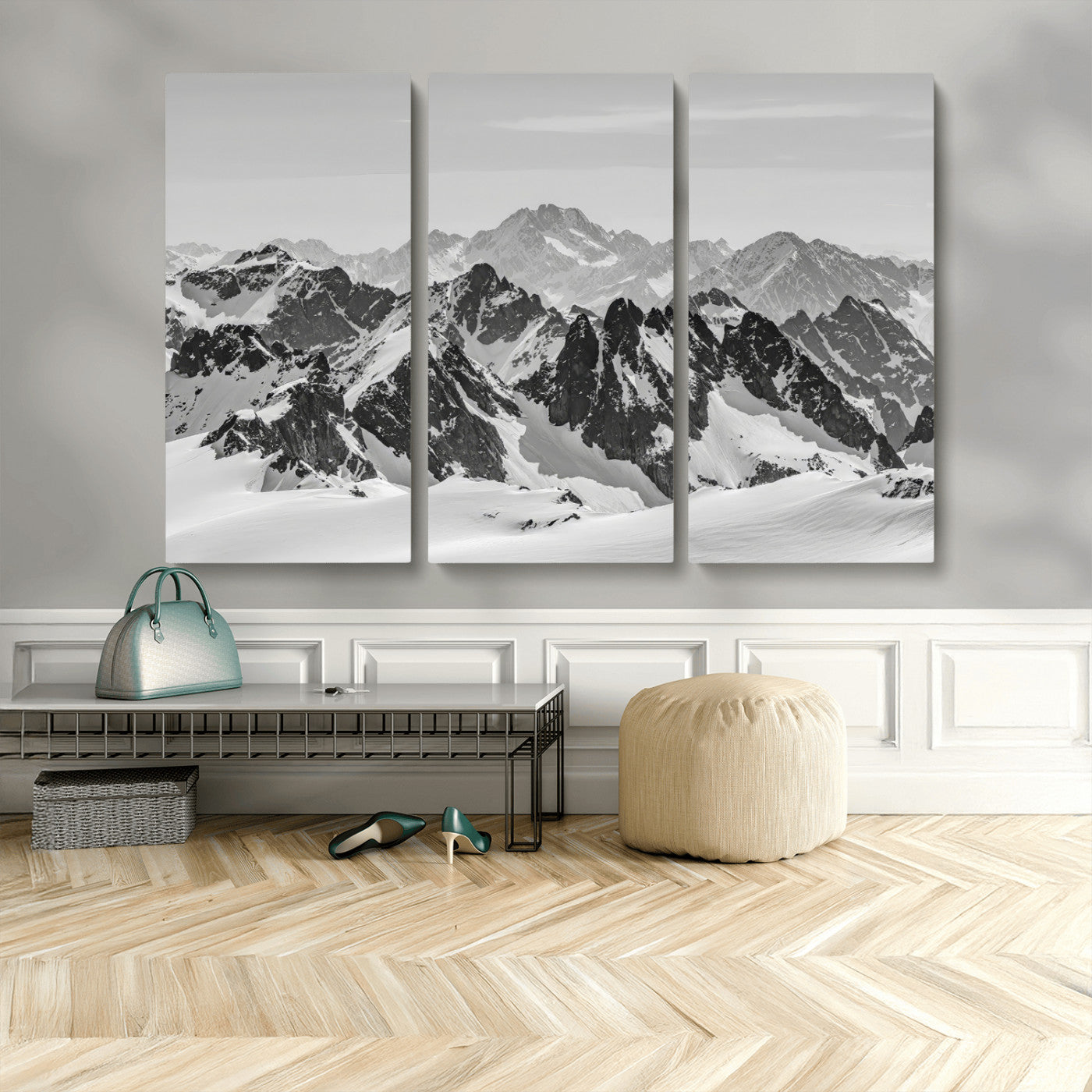 32399691-MGV-CV-48X32-3P-Snowy Mountain Wall Art Canvas Print, Framed Mountain Peaks Art Picture Print, Alpine Mountains Perfect Minimalist Alpine Decor