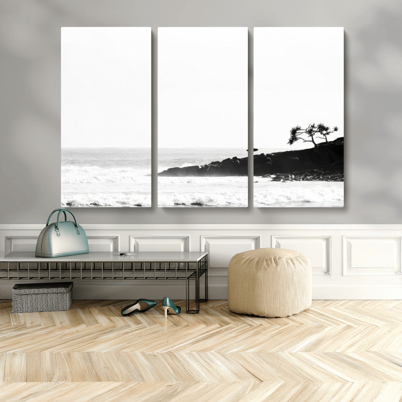 40875891-MGV-CV-36X24-SurferCliffs Wall Art Canvas Print, Framed Black White Beach Art Picture Print, Ocean Waves Perfect Minimalist Coastal Decor