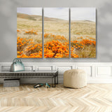 28972262-MGV-CV-36X24-Golden Wildflowers Wall Art Canvas Print, Framed Hills Bloom Art Picture Print, Poppy Meadow Perfect Rustic Nature Decor Artwork