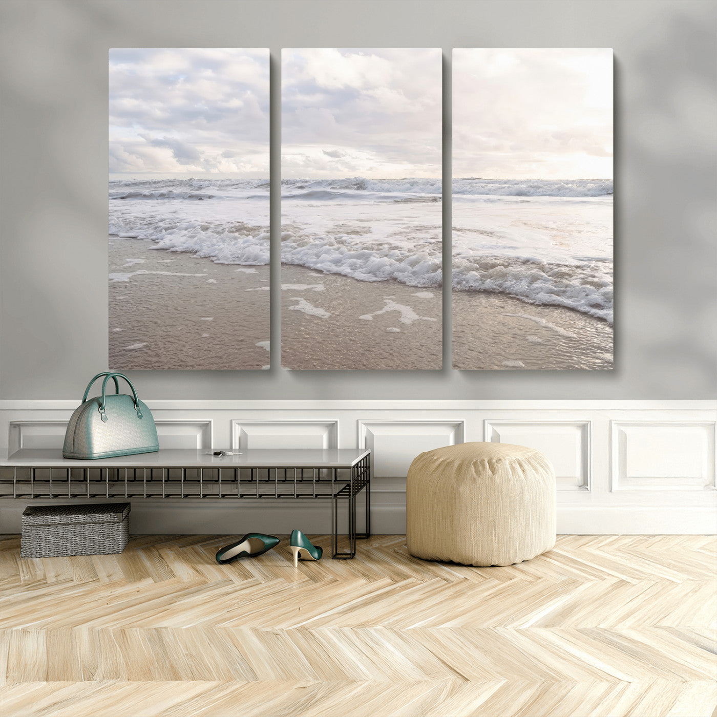 70596264-MGV-CV-48X32-3P-Ocean Waves Wall Art Canvas Print, Framed Coastal Shoreline Art Picture Print, Sea Foam Perfect Coastal Minimalist Decor Artwork
