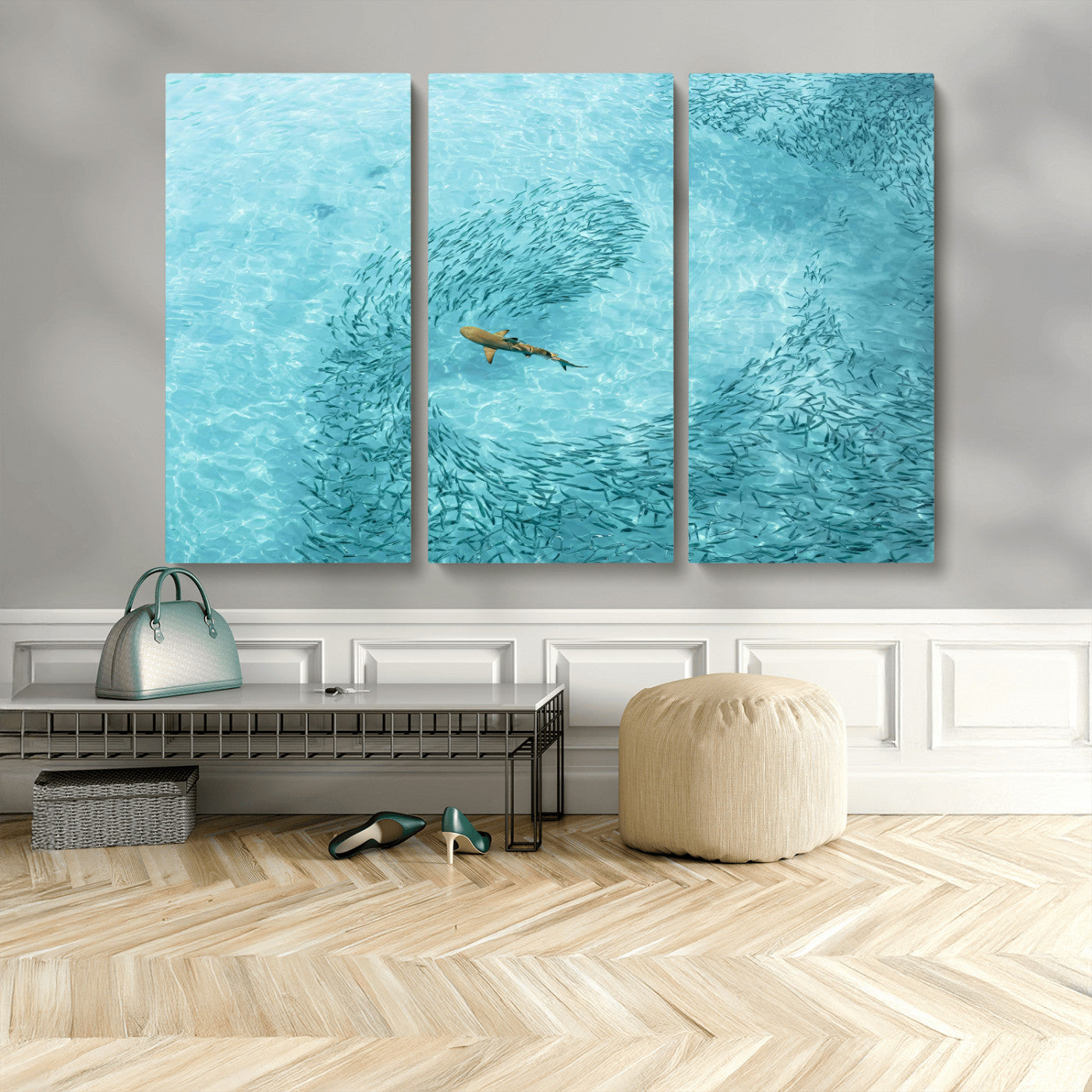 43671474-MGV-CV-36X24-Fish Swarm Wall Art Canvas Print, Framed Marine Life Art Picture Print, Shark Aerial Perfect Wildlife Coastal Decor Artwork