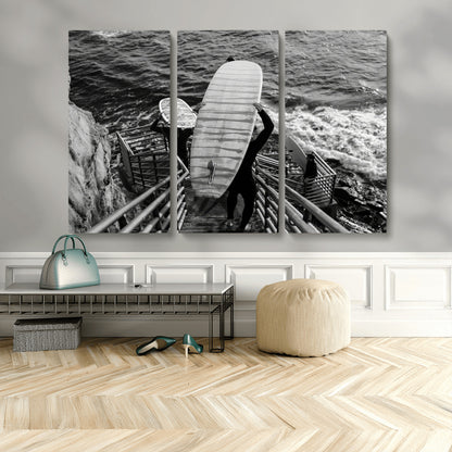 32353707-MGV-CV-36X24-Black White Surfing Wall Art Canvas Print, Framed Coastal Surfing Art Picture Print, Wave Riders Perfect Coastal Adventure Decor