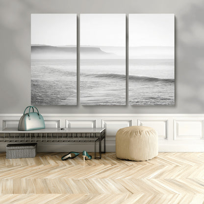 60635783-MGV-CV-36X24-Black White Seascape Wall Art Canvas Print, Framed Ocean Waves Art Picture Print, Misty Coastal Perfect Minimalist Coastal Decor