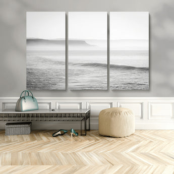 60635783-MGV-CV-36X24-Black White Seascape Wall Art Canvas Print, Framed Ocean Waves Art Picture Print, Misty Coastal Perfect Minimalist Coastal Decor