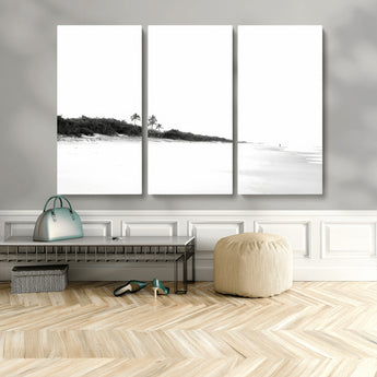 29611516-MGV-CV-48X32-3P-Black White Beach Wall Art Canvas Print, Framed Palm Trees Art Picture Print, Monochrome Tropical Perfect Minimalist Coastal Decor