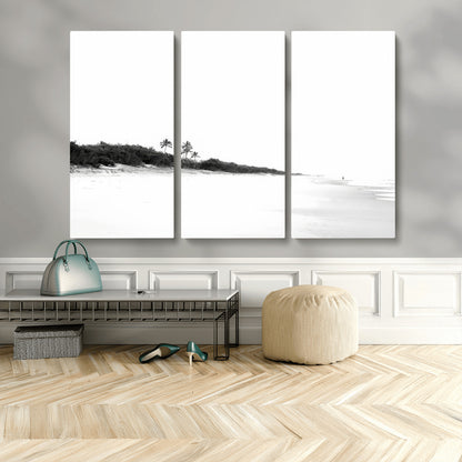 29611516-MGV-CV-48X32-3P-Black White Beach Wall Art Canvas Print, Framed Palm Trees Art Picture Print, Monochrome Tropical Perfect Minimalist Coastal Decor