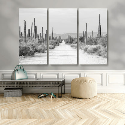 35537313-MGV-CV-48X32-3P-Monochrome Desert Wall Art Canvas Print, Framed Cactus Path Art Picture Print, Southwestern Landscape Perfect Southwestern