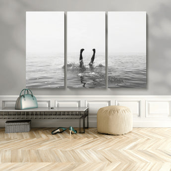 26667396-MGV-CV-48X32-3P-Black White Ocean Wall Art Canvas Print, Framed Monochrome Water Art Picture Print, Diving into Water Perfect Minimalist Aquatic