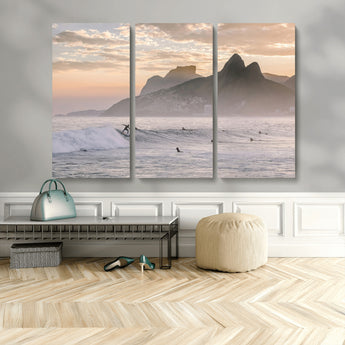 70644906-MGV-CV-36X24-Sunset Surfing Wall Art Canvas Print, Framed Misty Mountains Art Picture Print, Surfer Riding Wave Perfect Coastal Adventure Decor