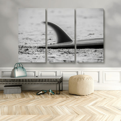 62314230-MGV-CV-48X32-3P-Black White Surfboard Wall Art Canvas Print, Framed Minimalist Beach Art Picture Print, Surf Fin Perfect Minimalist Coastal Decor