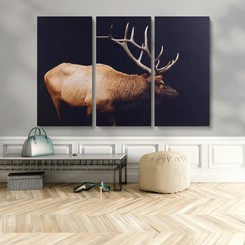 91871131-MGV-CV-48X32-3P-Rustic Elk Art Wall Art Canvas Print, Framed Moody Wildlife Decor Art Picture Print, Western Animal Print Perfect Western Lodge