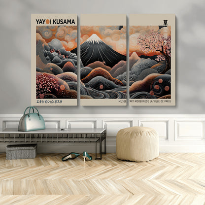 55739266-MGV-CV-36X24-Japanese Wall Art Print – Abstract Yayoi Kusama Inspired Dotted Landscape Poster, Surreal Oriental Mountain and Cherry Blossom