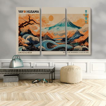 22373530-MGV-CV-48X32-3P-Japanese Mt Fuji Wave Art Print – Ukiyo e Inspired Sun & Cherry Blossom Poster, Traditional Asian Landscape Painting, Modern