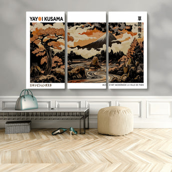 96372548-MGV-CV-48X32-3P-Japanese Landscape Wall Art Print – Mt. Fuji Poster with Bonsai Tree & River, Ukiyo-e Inspired Modern Japanese Artwork, Autumn