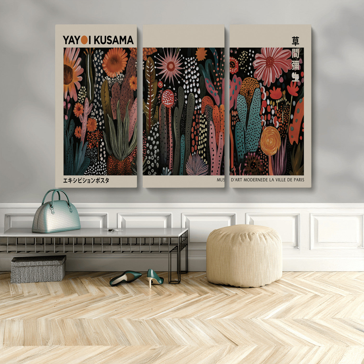 28344895-MGV-CV-48X32-3P-Dark Floral Abstract Wall Art Poster – Modern Botanical Canvas Print with Beige Border, Kusama Inspired Boho Flower Painting,
