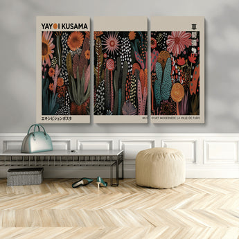 28344895-MGV-CV-48X32-3P-Dark Floral Abstract Wall Art Poster – Modern Botanical Canvas Print with Beige Border, Kusama Inspired Boho Flower Painting,