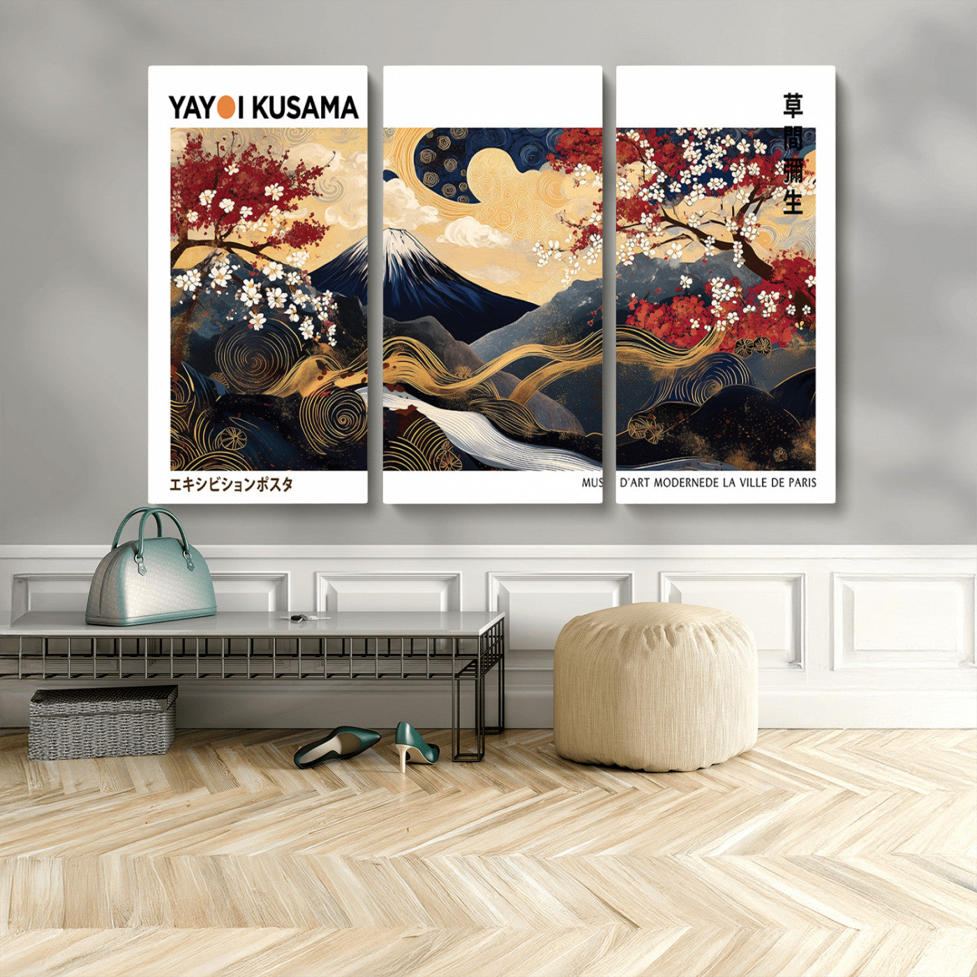 66243961-MGV-CV-36X24-Mount Fuji Japanese Wall Art – Golden Abstract Landscape Canvas Print, Cherry Blossom Painting, Modern Oriental Zen Home Decor