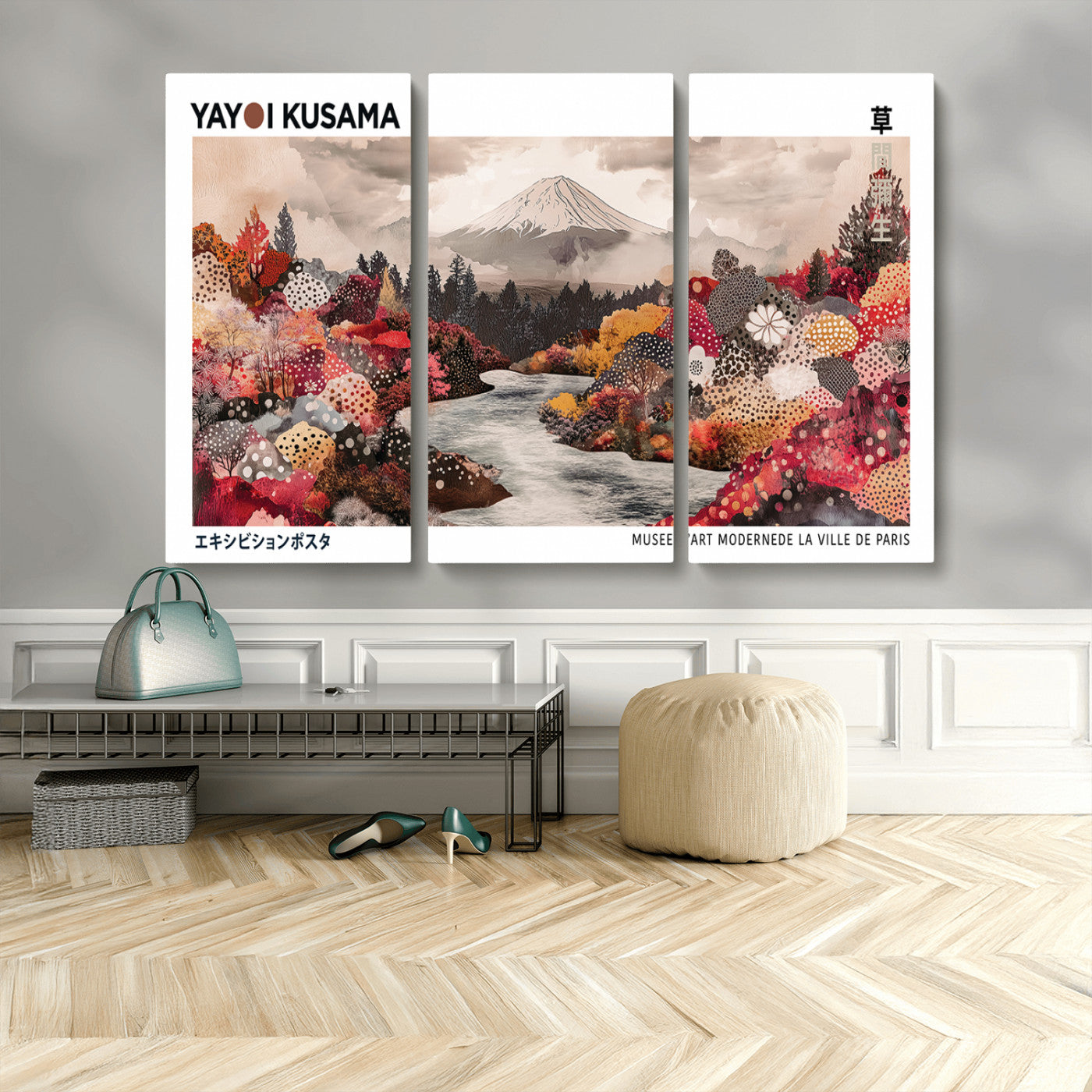 32352074-MGV-CV-48X32-3P-Japanese Landscape Wall Art – Mount Fuji River Canvas Print, Modern Asian Inspired Nature Decor for Living Room, Bedroom, Office