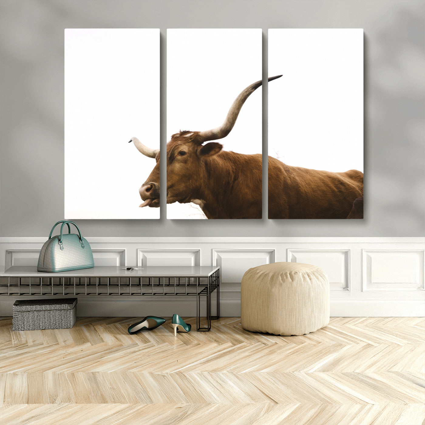 62566114-MGV-CV-36X24-Longhorn Cow Art Wall Art Canvas Print, Framed Rustic Animal Decor Art Picture Print, Texas Bull Photo Perfect Rustic Farmhouse