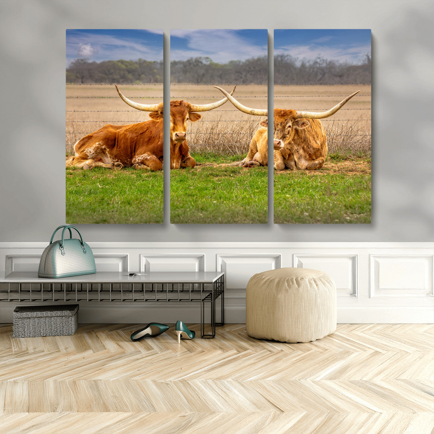 97244565-MGV-CV-48X32-3P-Longhorn Duo Wall Art Canvas Print, Framed Cozy Ranch Vibes Art Picture Print, Western Ranch Decor Perfect Rustic Farmhouse Decor