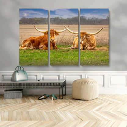 97244565-MGV-CV-48X32-3P-Longhorn Duo Wall Art Canvas Print, Framed Cozy Ranch Vibes Art Picture Print, Western Ranch Decor Perfect Rustic Farmhouse Decor