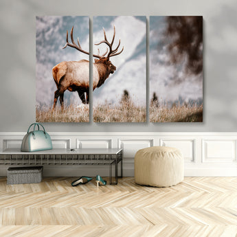 70489411-MGV-CV-48X32-3P-Elk Photography Wall Art Canvas Print, Framed Mountain Wildlife Art Picture Print, Rustic Nature Decor Perfect Rustic Lodge Decor
