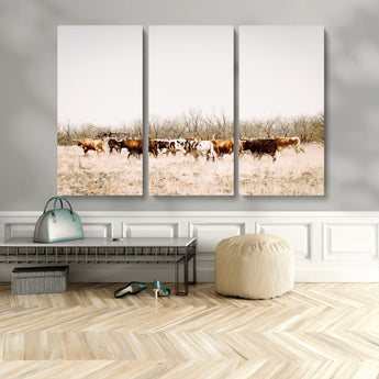 12454132-MGV-CV-48X32-3P-Cow Herd Photography Wall Art Canvas Print, Framed Rustic Farmhouse Decor Art Picture Print, Western Ranch Style Perfect Rustic