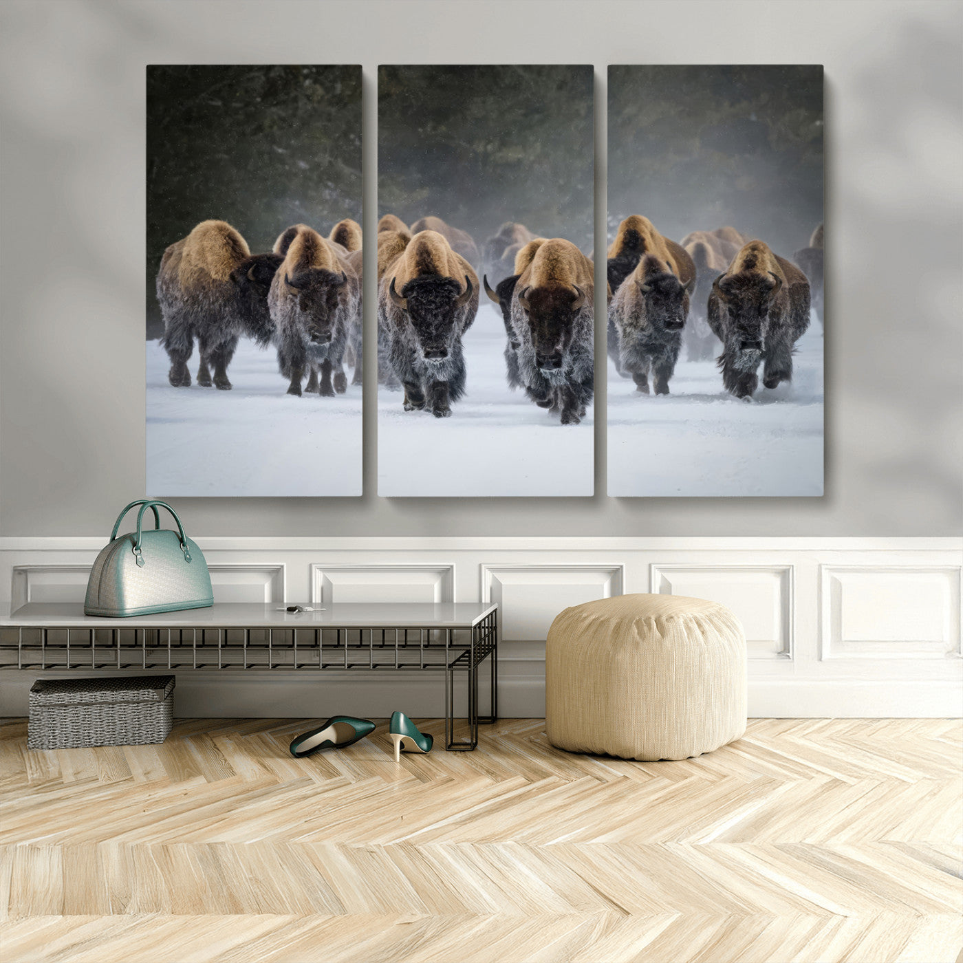 41669135-MGV-CV-36X24-Bison Herd Scene Wall Art Canvas Print, Framed Rustic Wildlife Decor Art Picture Print, Snowy Bison Landscape Perfect Rustic