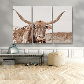 77810049-MGV-CV-36X24-Longhorn Bull Photo Wall Art Canvas Print, Framed Rustic Cow Decor Art Picture Print, Neutral Farmhouse Style Perfect Rustic