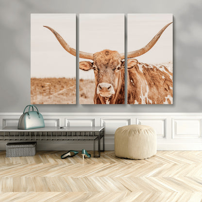 74406977-MGV-CV-36X24-Longhorn Bull Decor Wall Art Canvas Print, Framed Western Cow Theme Art Picture Print, Rustic Farmhouse Wall Perfect Neutral
