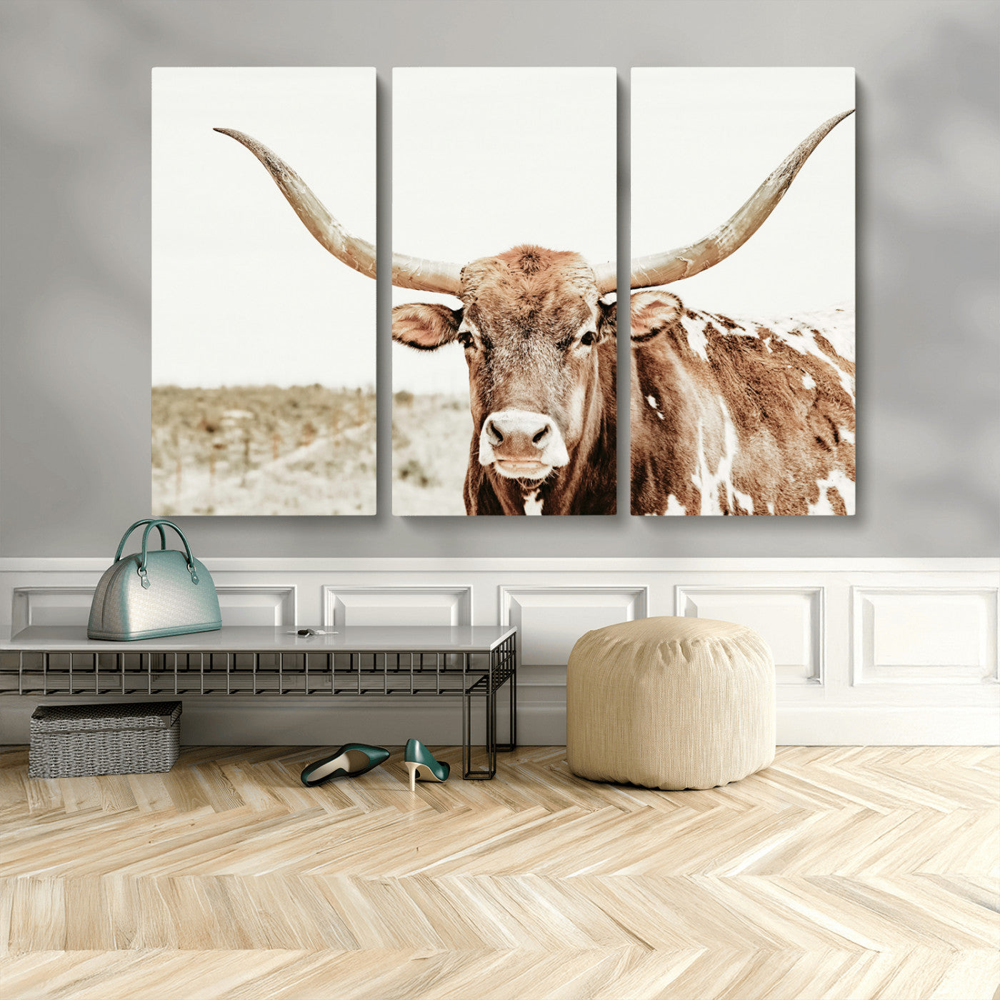 98924580-MGV-CV-36X24-Texas Longhorn Bull Wall Art Canvas Print, Framed Rustic Farmhouse Decor Art Picture Print, Western Animal Theme Perfect Rustic