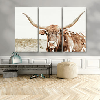 98924580-MGV-CV-36X24-Texas Longhorn Bull Wall Art Canvas Print, Framed Rustic Farmhouse Decor Art Picture Print, Western Animal Theme Perfect Rustic