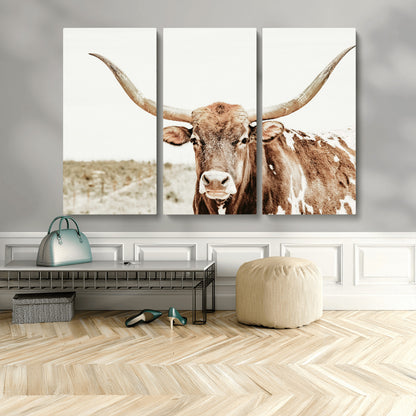 98924580-MGV-CV-36X24-Texas Longhorn Bull Wall Art Canvas Print, Framed Rustic Farmhouse Decor Art Picture Print, Western Animal Theme Perfect Rustic