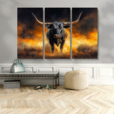 58293979-MGV-CV-48X32-3P-Longhorn Canvas Wall Art Canvas Print, Framed Bold Bull Wall Art Art Picture Print, Western Animal Decor Perfect Western Dramatic