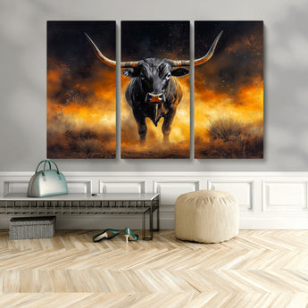 58293979-MGV-CV-48X32-3P-Longhorn Canvas Wall Art Canvas Print, Framed Bold Bull Wall Art Art Picture Print, Western Animal Decor Perfect Western Dramatic