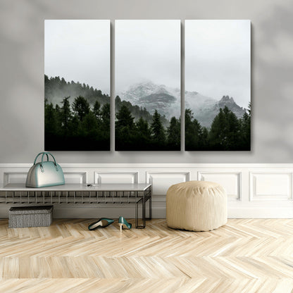 55968349-MGV-CV-36X24-Misty Mountains Wall Art Canvas Print, Framed Foggy Forest Art Picture Print, Snowy Peaks Perfect Moody Wilderness Decor Artwork