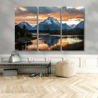 14130176-MGV-CV-48X32-3P-Mountain Sunset Wall Art Canvas Print, Framed Alpine Wilderness Art Picture Print, Golden Hour Perfect Rustic Wilderness Decor
