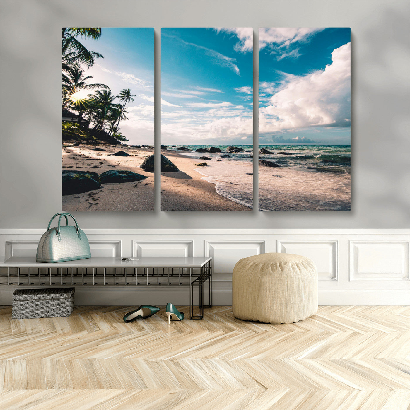 95301406-MGV-CV-48X32-3P-Tropical Beach Wall Art Canvas Print, Framed Ocean Waves Art Picture Print, Relazxing Seascape Perfect Tropical Coastal Decor