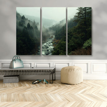 48497565-MGV-CV-48X32-3P-Misty Forest Wall Art Canvas Print, Framed Foggy River Art Picture Print, Moody Landscape Perfect Moody Wilderness Decor Artwork